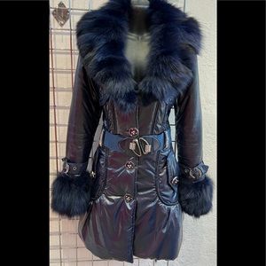 Woman’s winter coat, navy with detachable faux fur collar and cuffs